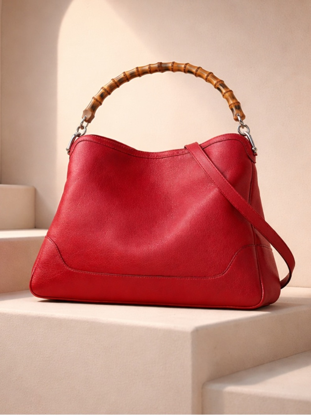 Gucci Red Leather Shoulder Bag with Bamboo Handle.